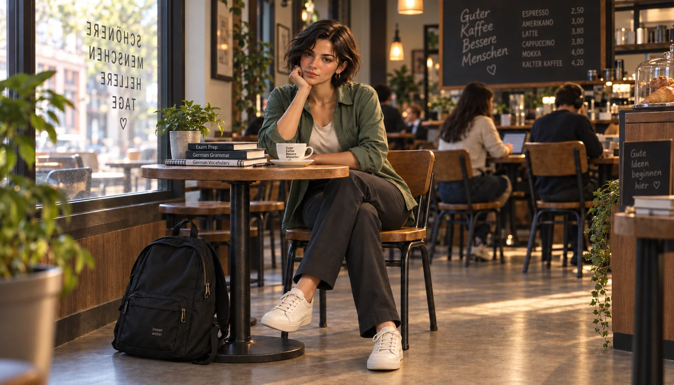 A student in a café, and the same student walking into the exam room
