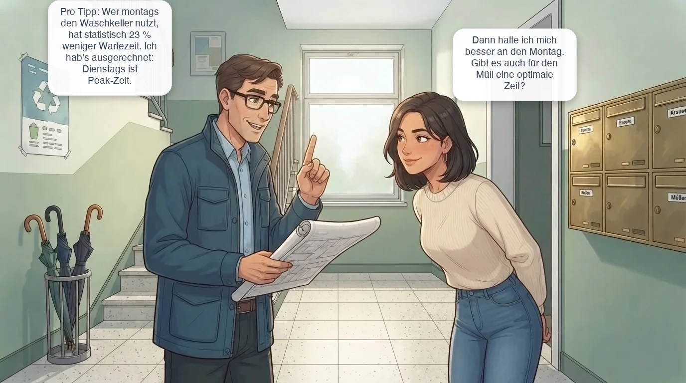 A real Lingviko comic panel: in an apartment entrance hall by the mailboxes, the building caretaker raises a finger to explain the laundry-room rules while the tenant leans in, both speaking in German speech bubbles.