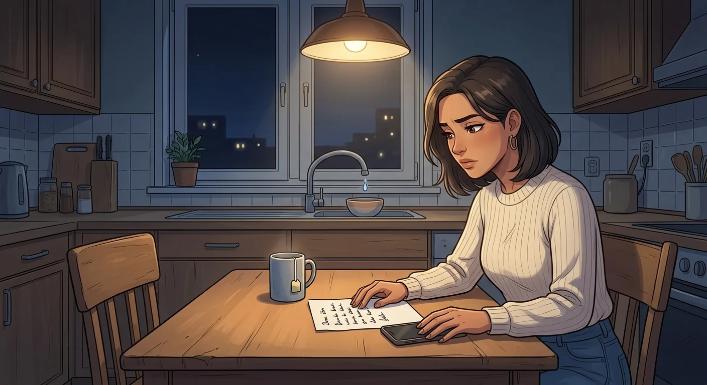 A webtoon-style illustration of a woman sitting alone at a kitchen table late at night, her phone face down under one hand and a page of rehearsed German phrases in front of her, while the kitchen tap drips into a bowl in the sink behind her.