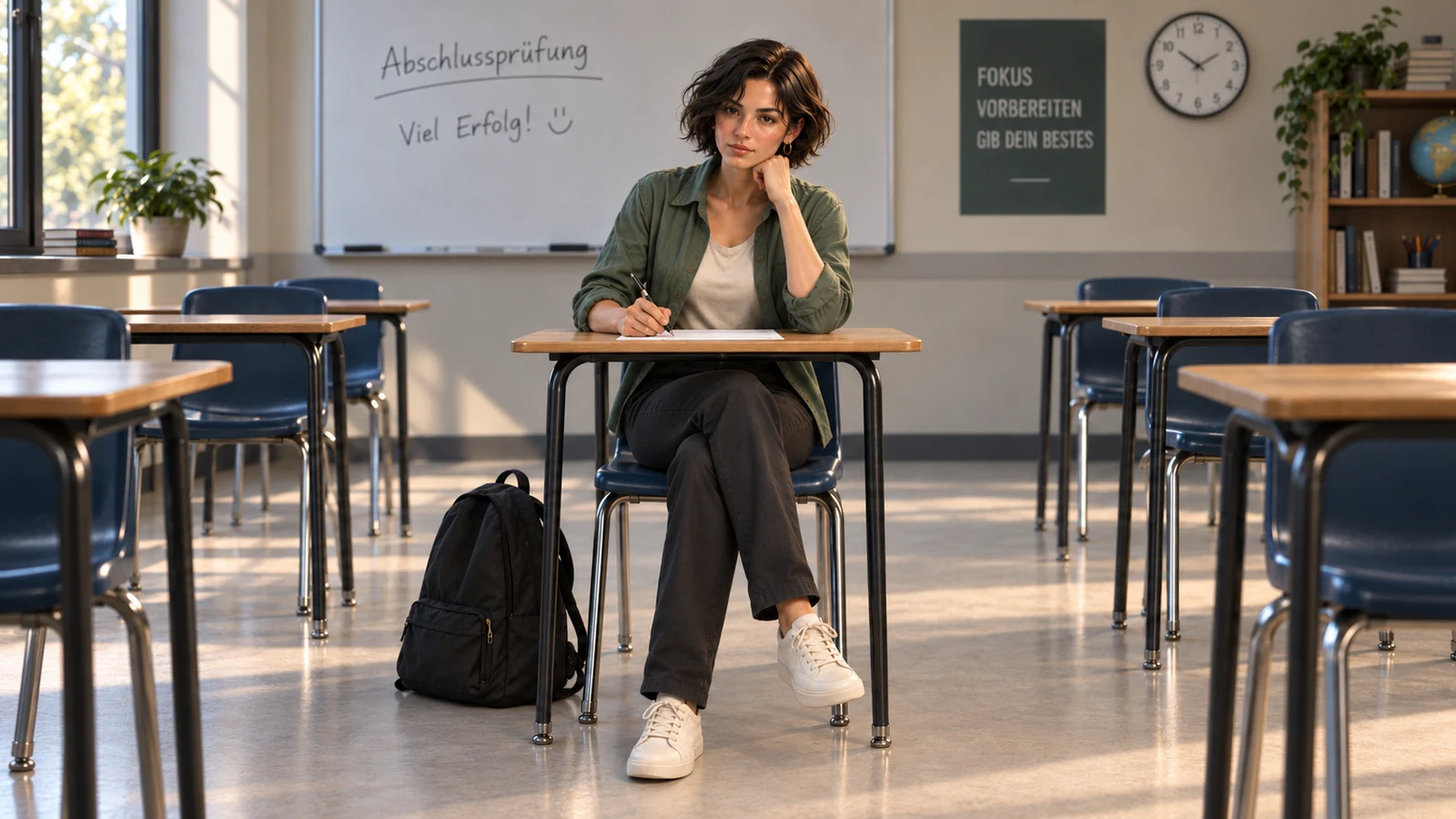 A student at a desk in an exam room, pen in hand